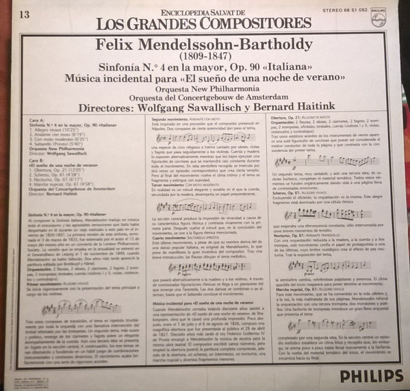 Felix Mendelssohn-Bartholdy - Sinfonía N.º 4 En La Mayor, Op. 90 "Italiana" / "El Sueño De Una Noche De Verano", Op. 21 Y Op. 61 | Philips (68 51 052) - 2