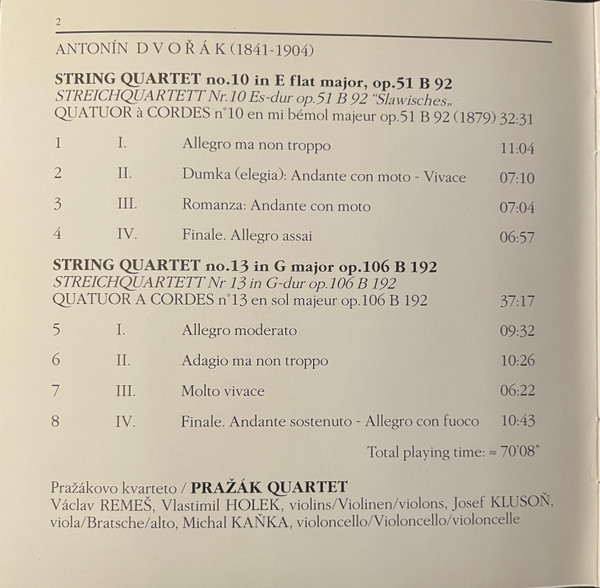 Prazak Quartet , Antonín Dvořák - String Quartets N°10 " Slavonic Op 51 - N°13 Op 106 | Praga Digitals (PRD 250102) - 4