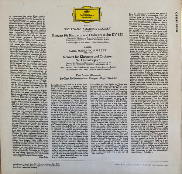 Wolfgang Amadeus Mozart , Carl Maria Von Weber , Rafael Kubelik , Karl Leister , Berliner Philharmoniker - Mozart · Weber: Klarinettenkonzerte | Deutsche Grammophon (136 550 SLPEM) - 2 Wolfgang Amadeus Mozart , Carl Maria Von Weber , Rafael Kubelik , Karl Leister , Berliner Philharmoniker - Mozart · Weber: Klarinettenkonzerte | Deutsche Grammophon (136 550 SLPEM) - 2