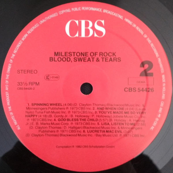 Blood, Sweat And Tears - Milestone Of Rock | CBS (54 426) - 2