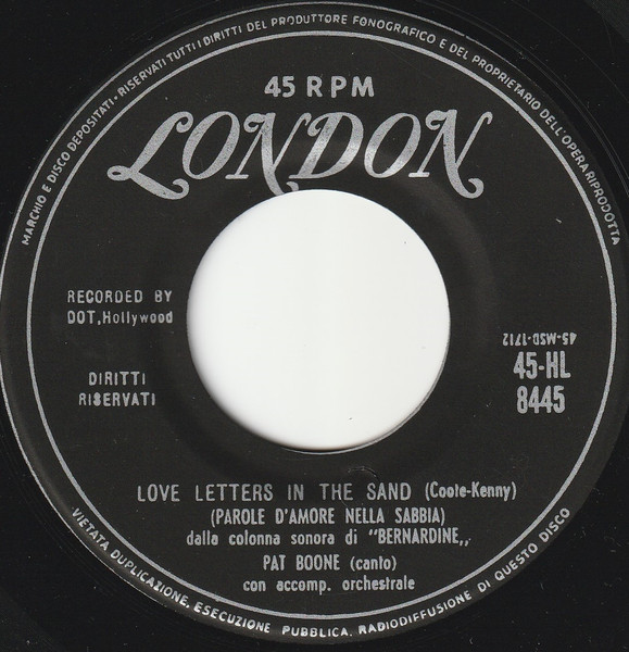 Pat Boone - Love Letters In The Sand = Parole D'Amore Nella Sabbia | London Records (45-HL 8445) - main