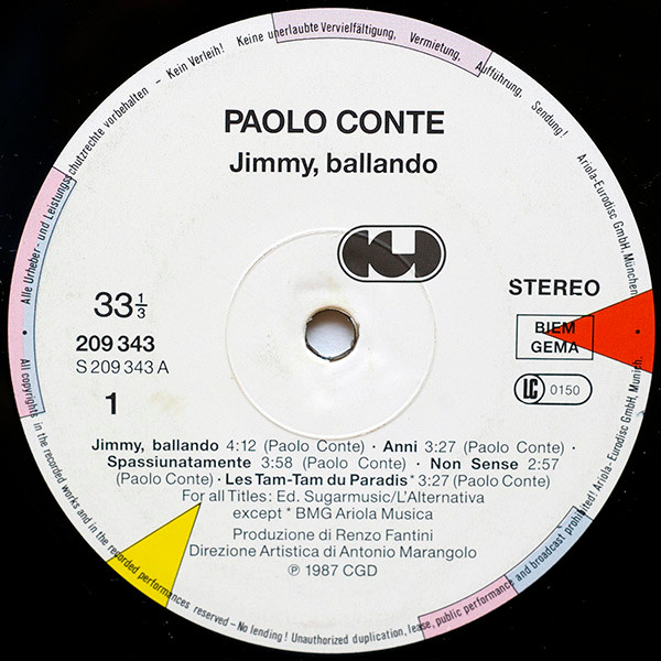 Paolo Conte - Jimmy, Ballando | CGD (209 343) - 3 Paolo Conte - Jimmy, Ballando | CGD (209 343) - 3