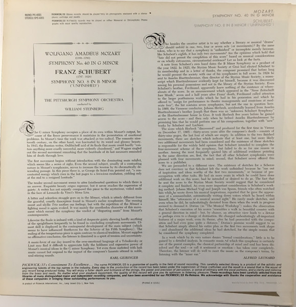 Wolfgang Amadeus Mozart / Franz Schubert - William Steinberg , Pittsburgh Symphony Orchestra - Symphony No. 40 In G Minor / Symphony No. 8 | Pickwick/33 Records (SPC-4001) - 2