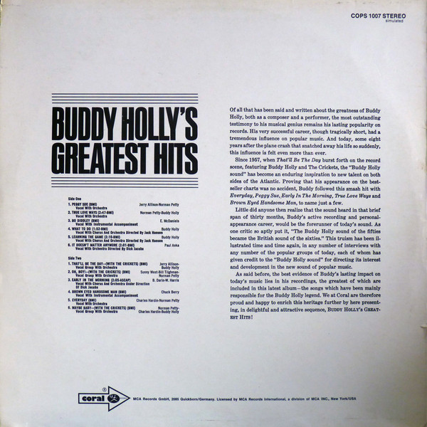 Buddy Holly - Buddy Holly's Greatest Hits | Coral (COPS 1007) - 2
