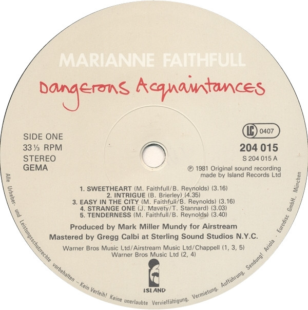 Marianne Faithfull - Dangerous Acquaintances | Island Records (204 015) - 2