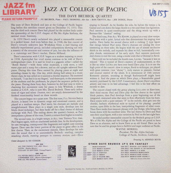 The Dave Brubeck Quartet Featuring Paul Desmond With Ron Crotty And Joe Dodge - Jazz At College Of The Pacific | Fantasy (F-3-223) - 2