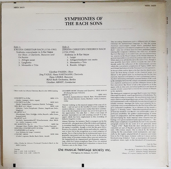Johann Christian Bach , Johann Christoph Friedrich Bach , Bach-Orchester Berlin , Günther Arndt - Symphonies Of The Bach Sons | Musical Heritage Society (MHS 3435) - 2