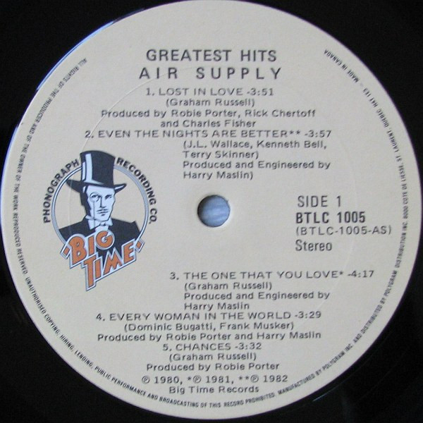 Air Supply - Greatest Hits | Big Time Phonograph Recording Co. (BTLC 1005) - 3 Air Supply - Greatest Hits | Big Time Phonograph Recording Co. (BTLC 1005) - 3