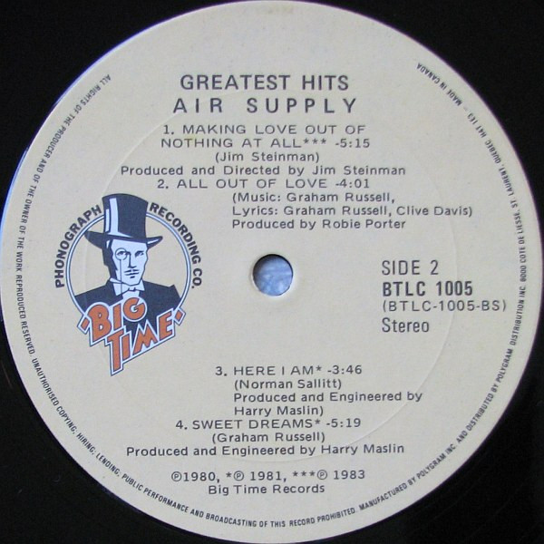 Air Supply - Greatest Hits | Big Time Phonograph Recording Co. (BTLC 1005) - 4 Air Supply - Greatest Hits | Big Time Phonograph Recording Co. (BTLC 1005) - 4