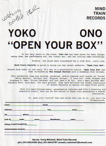 Yoko Ono - Open Your Box - The Orange Factory Remix | Mind Train Records (MTR001) - 2 Yoko Ono - Open Your Box - The Orange Factory Remix | Mind Train Records (MTR001) - 2