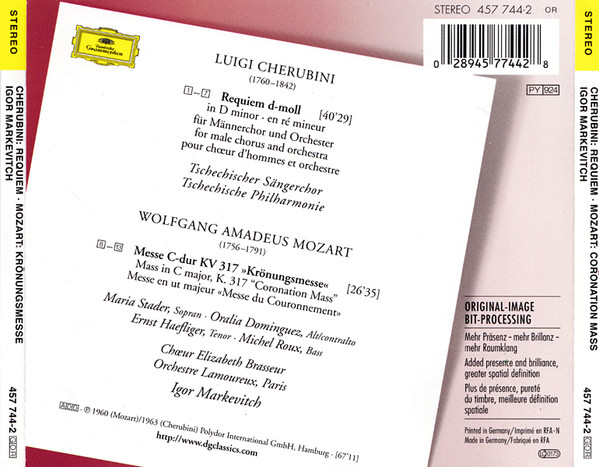 Luigi Cherubini , Wolfgang Amadeus Mozart - Maria Stader · Oralia Dominguez · Ernst Haefliger · Michel Roux , Igor Markevitch - Cherubini: Requiem / Mozart: Krönungsmesse = Coronation Mass | Deutsche Grammophon (457 744-2) - 3