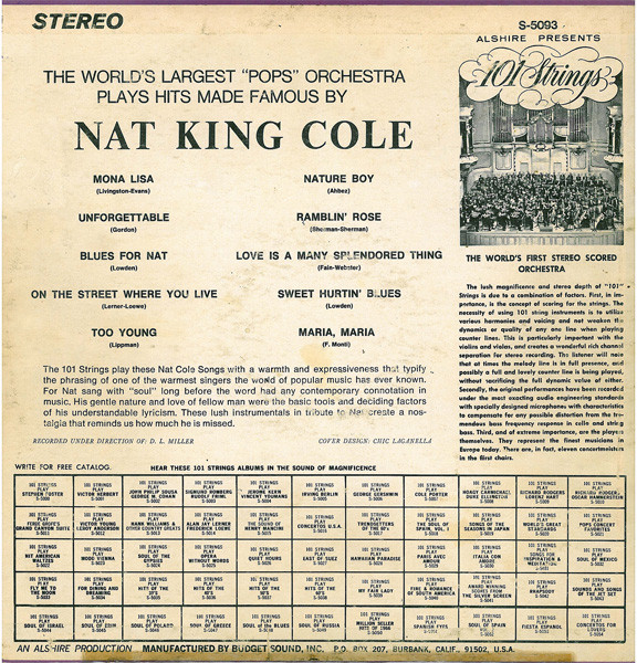 101 Strings - Play Hits Made Famous By Nat King Cole | Alshire (S-5093) - 2