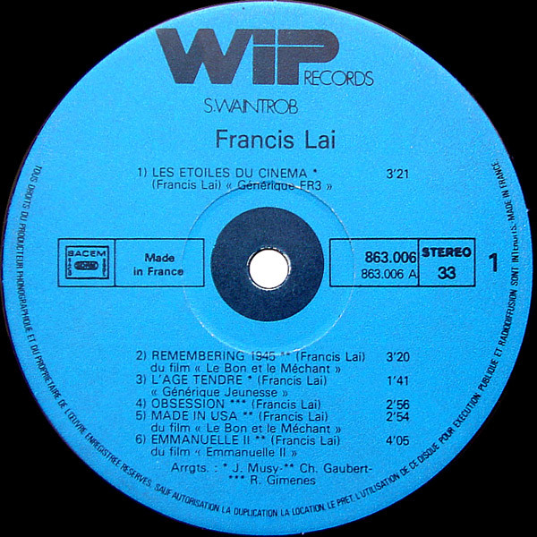 Francis Lai - Les Etoiles Du Cinema / L'heure Bleue | Wip Records (863 006) - 3