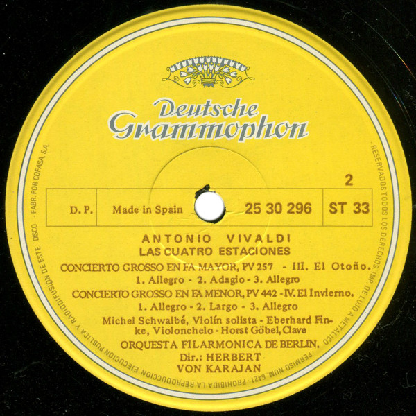 Antonio Vivaldi : Michel Schwalbé - Berliner Philharmoniker - Herbert von Karajan - Las Cuatro Estaciones | Deutsche Grammophon (25 30 296) - 2