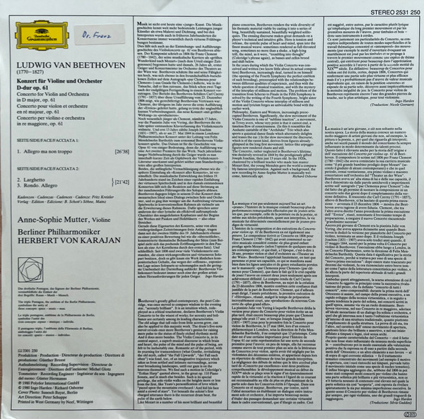Ludwig van Beethoven , Anne-Sophie Mutter , Berliner Philharmoniker , Herbert von Karajan - Violinkonzert = Violin Concerto | Deutsche Grammophon (2531 250) - 2