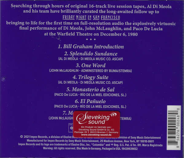 Al Di Meola , John McLaughlin , Paco De Lucía - Saturday Night In San Francisco | Impex Records (IMP3304) - 2