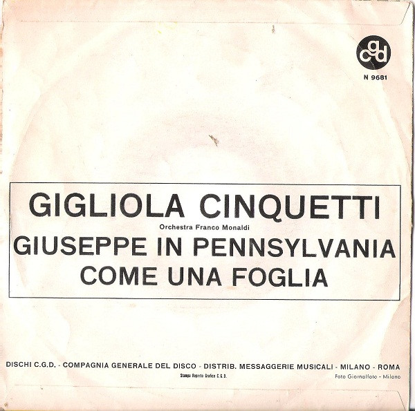 Gigliola Cinquetti - Giuseppe In Pennsylvania | CGD (N 9681) - 2