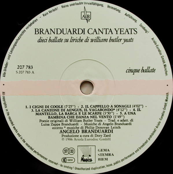 Angelo Branduardi - Branduardi Canta Yeats - Dieci Ballate Su Liriche Di William Butler Yeats | Musiza (207 783) - 4 Angelo Branduardi - Branduardi Canta Yeats - Dieci Ballate Su Liriche Di William Butler Yeats | Musiza (207 783) - 4