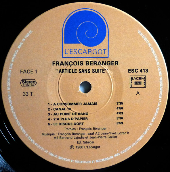 François Béranger - Article Sans Suite | L'Escargot (ESC 413) - 3 François Béranger - Article Sans Suite | L'Escargot (ESC 413) - 3