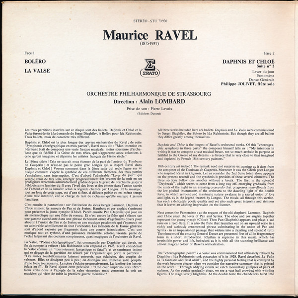 Maurice Ravel - Orchestre Philharmonique De Strasbourg , Alain Lombard - Boléro - La Valse - Daphnis Et Chloé (Suite N° 2) | Erato (STU 70930) - 3