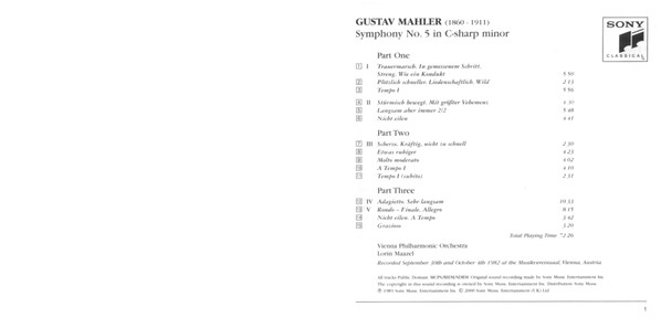 Gustav Mahler • Wiener Philharmoniker , Lorin Maazel - Symphony No. 5 | Sony Classical (SBK 89289) - 3