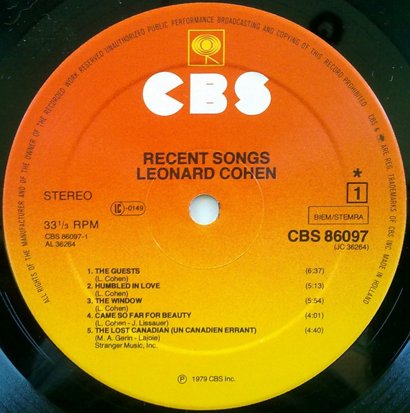Leonard Cohen - Recent Songs | CBS (CBS 86097) - 3 Leonard Cohen - Recent Songs | CBS (CBS 86097) - 3
