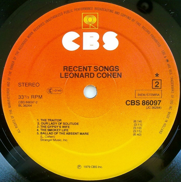 Leonard Cohen - Recent Songs | CBS (CBS 86097) - 4 Leonard Cohen - Recent Songs | CBS (CBS 86097) - 4