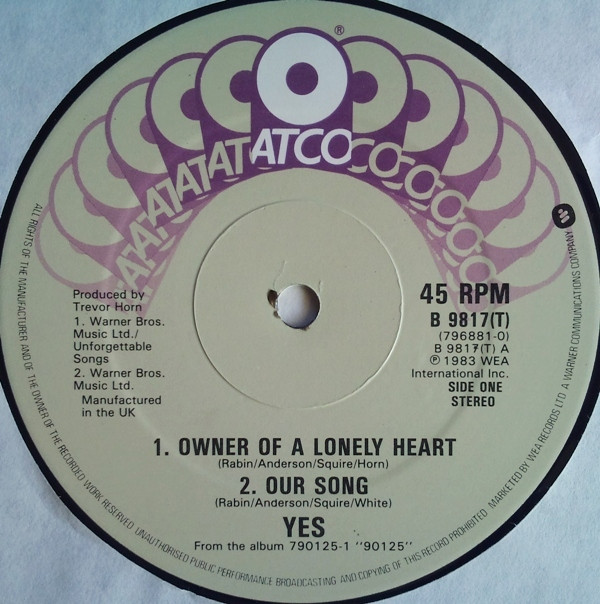 Yes - Owner Of A Lonely Heart | ATCO Records (B9817T) - 2