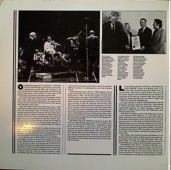 Isaac Stern , Pinchas Zukerman , Itzhak Perlman , Zubin Mehta , New York Philharmonic - From Lincoln Center Isaac Stern 60th Anniversary Celebration | CBS Masterworks (IM 36692) - 2 Isaac Stern , Pinchas Zukerman , Itzhak Perlman , Zubin Mehta , New York Philharmonic - From Lincoln Center Isaac Stern 60th Anniversary Celebration | CBS Masterworks (IM 36692) - 2