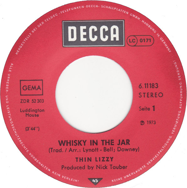 Thin Lizzy - Whisky In The Jar / Black Boys On The Corner | Decca (6.11 183) - 3