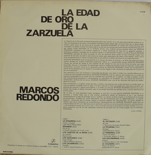 Marcos Redondo - La Edad De Oro De La Zarzuela | Columbia (C 7526) - 2