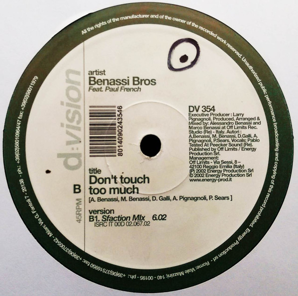 Benassi Bros. Feat. Paul French - Don't Touch Too Much | D:vision Records (DV 354) - 3 Benassi Bros. Feat. Paul French - Don't Touch Too Much | D:vision Records (DV 354) - 3
