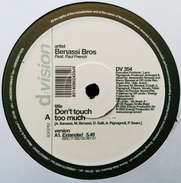 Benassi Bros. Feat. Paul French - Don't Touch Too Much | D:vision Records (DV 354) - 2 Benassi Bros. Feat. Paul French - Don't Touch Too Much | D:vision Records (DV 354) - 2
