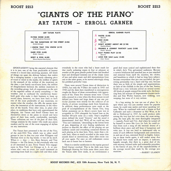 Art Tatum / Erroll Garner - Giants Of The Piano | Roost (LP 2213) - 2 Art Tatum / Erroll Garner - Giants Of The Piano | Roost (LP 2213) - 2