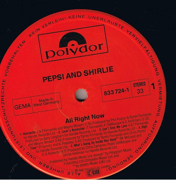 Pepsi & Shirlie - All Right Now | Polydor (833 724-1) - main