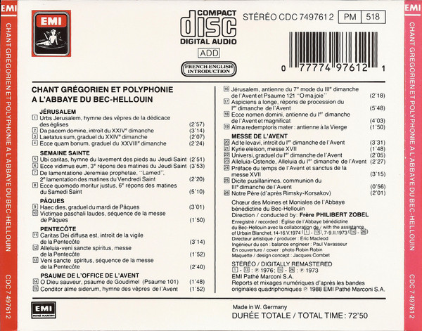 La Schola De L'abbaye Du Bec Hellouin - Chant Grégorien Et Polyphonie A L'Abbaye Du Bec-Hellouin | EMI (CDC 749761 2) - 2