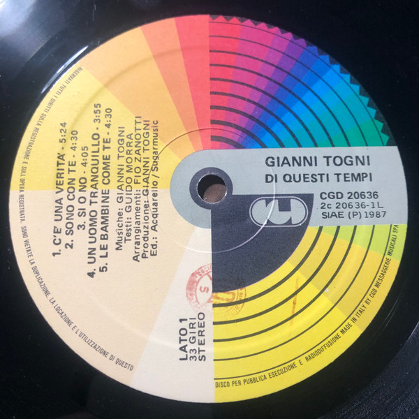 Gianni Togni - Di Questi Tempi | CGD (CGD 20636) - 2