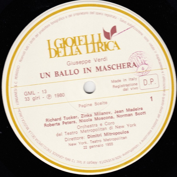 Giuseppe Verdi - Richard Tucker , Zinka Milanov , Dimitri Mitropoulos , The Metropolitan Opera House Orchestra And Metropolitan Opera Chorus - Un Ballo In Maschera (Pagine Scelte) | Longanesi Periodici (GML - 13) - 2