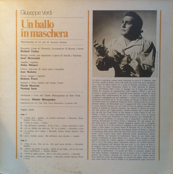 Giuseppe Verdi - Richard Tucker , Zinka Milanov , Dimitri Mitropoulos , The Metropolitan Opera House Orchestra And Metropolitan Opera Chorus - Un Ballo In Maschera (Pagine Scelte) | Longanesi Periodici (GML - 13) - 4