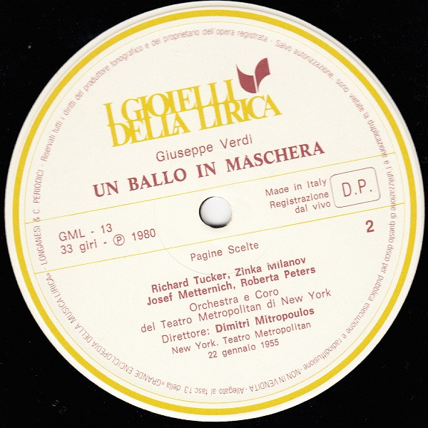 Giuseppe Verdi - Richard Tucker , Zinka Milanov , Dimitri Mitropoulos , The Metropolitan Opera House Orchestra And Metropolitan Opera Chorus - Un Ballo In Maschera (Pagine Scelte) | Longanesi Periodici (GML - 13) - 3