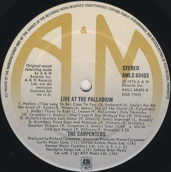 Carpenters - Live At The Palladium | A&M Records (AMLS 68403) - 4 Carpenters - Live At The Palladium | A&M Records (AMLS 68403) - 4