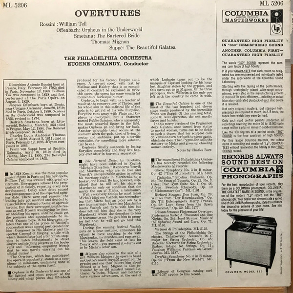 The Philadelphia Orchestra , Eugene Ormandy - Overtures | Columbia Masterworks (ML 5206) - 2