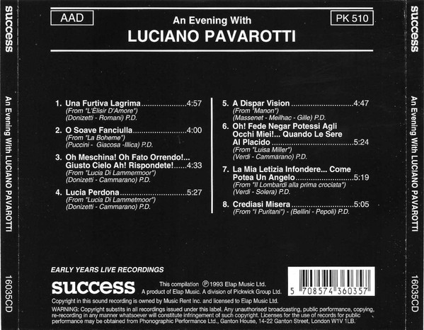 Luciano Pavarotti - An Evening With Luciano Pavarotti | Success (16035CD) - 2