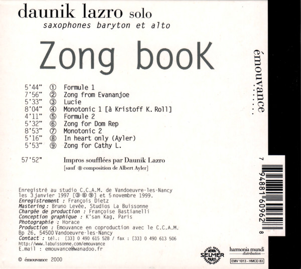 Daunik Lazro - Zong Book | émouvance (émv 1013) - 2
