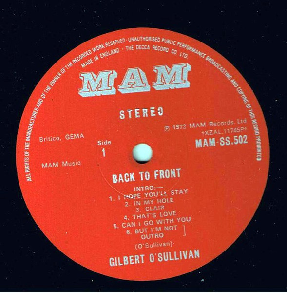 Gilbert O'Sullivan - Back To Front | MAM (MAM-SS 502) - 3 Gilbert O'Sullivan - Back To Front | MAM (MAM-SS 502) - 3
