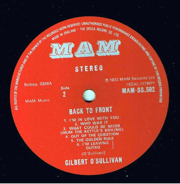 Gilbert O'Sullivan - Back To Front | MAM (MAM-SS 502) - 4 Gilbert O'Sullivan - Back To Front | MAM (MAM-SS 502) - 4