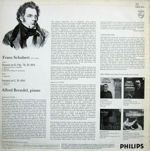 Franz Schubert - Alfred Brendel - Sonatas In G, D.894 And In C, D.840 [Vinyl] | Philips (6500 416) - 2