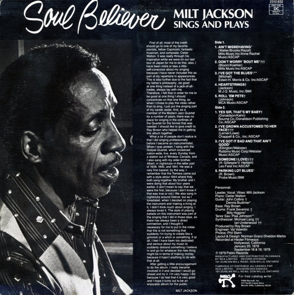 Milt Jackson - Soul Believer Milt Jackson Sings And Plays | Pablo Records (2310 832) - 2 Milt Jackson - Soul Believer Milt Jackson Sings And Plays | Pablo Records (2310 832) - 2