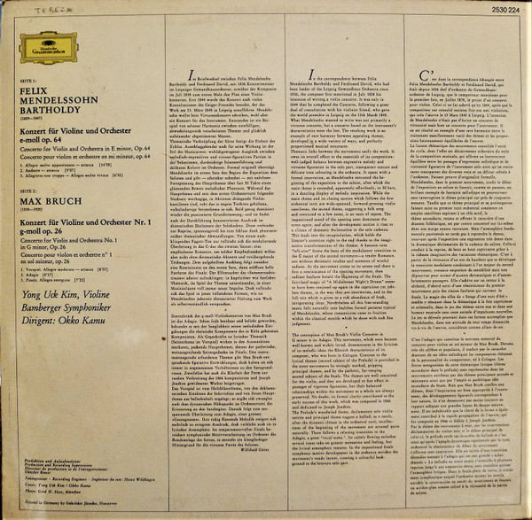 Felix Mendelssohn-Bartholdy • Max Bruch - Yong Uck Kim , Bamberger Symphoniker • Okko Kamu - Violinkonzerte = Violin Concertos | Deutsche Grammophon (2530 224) - 2