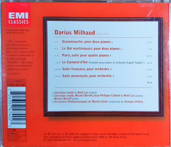 Darius Milhaud , Christian Ivaldi , Noël Lee , Michel Béroff , Jean-Phillippe Collard , Orchestre Philharmonique De Monte-Carlo , Georges Prêtre - Darius Milhaud / Scaramouche etc. / Christian Ivaldi / Michel Béroff / Georges Prétre | EMI Classics (5 74575 2) - 3